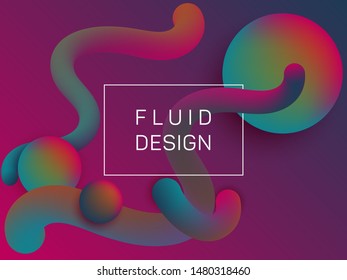 Trendy wavy fluid and spherical gradient shapes presentation cover. 3d motion concept background, bubbles and curve shapes flow. Gradient fluid elements organic design. Techno style for web.