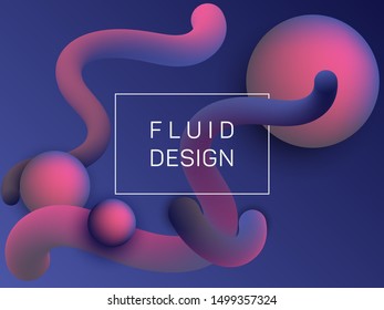 Trendy wavy fluid and spherical gradient shapes flyer backdrop. 3d motion concept background, spheres and curve shapes flow. Gradient fluid elements future design. Chemical wallpaper.