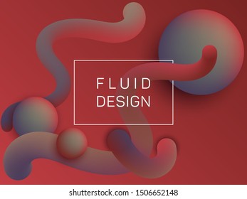 Trendy wavy fluid and spherical gradient shapes flyer backdrop. 3d motion concept background, spheres and curve shapes flow. Gradient fluid elements future design. Digital illustration.