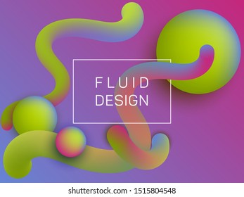 Trendy wavy fluid and spherical gradient shapes banner template. 3d motion concept background, bubbles and curve shapes flow. Gradient fluid elements future design. Science wallpaper graphics.