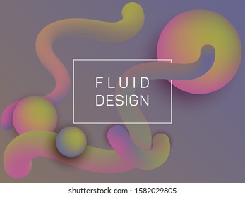 Trendy wavy fluid and spherical gradient shapes banner template. 3d motion concept background, bubbles and curve shapes flow. Gradient fluid elements future design. Techno style for web.