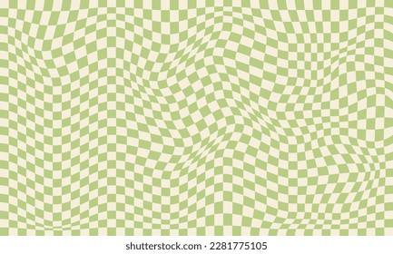 Trendy wavy green background. Vector illustration of checkered wallpaper with optical illusion