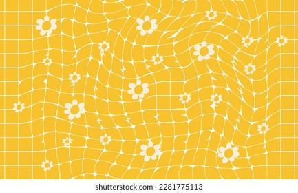 Trendy wavy yellow background with cute daisies. Checkered wallpaper with optical illusion