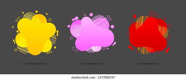 Trendy web banners set with circles and striped modern shapes in yellow pink red colors on gray background. Isolated vector illustration