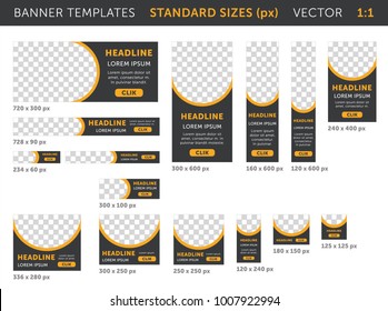 Trendy web banners in standard sizes (practical size 1:1) - squares and horizontal and vertical rectangles. Templates with round place for photo and button. Colored. Versatile use.  Vector set. Eps 10