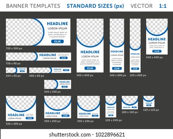 Trendy web banners in standard sizes (practical size 1:1) - squares and horizontal and vertical rectangles. Templates with round place for photo and button. Colored. Versatile use.  Vector set. Eps 10