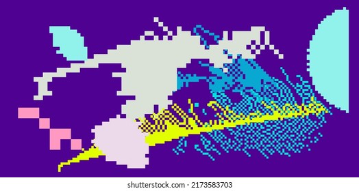 Trendy webpunk and webkitsch style background with pixel art chaotic composition.