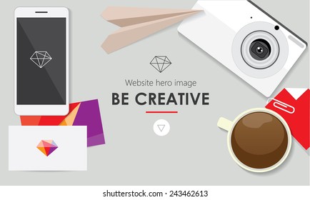 trendy website hero background image mockup- flat design style- creative workspace- mobile phone, business cards, digital camera, coffee cup, paper plane and logo element