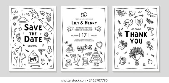 Trendy Wedding doodle invitation set. Hand drawn doodle Love and Feelings Background. Funny wedding posters template. including flowers, hearts, bouquet, champagne, arrows. Vector line illustration.