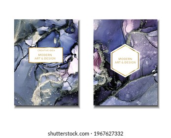Trendy wedding invitation, design frame. Marbling texture.  Watercolor alcohol ink splash, liquid flow texture paint, luxury abstract digital paper fine art pattern. Vector illustration