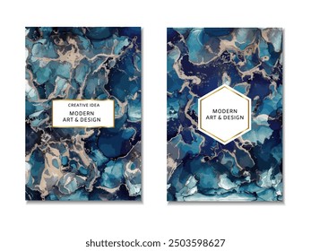 Trendy wedding invitation, design frame. Marbling texture.  Watercolor alcohol ink splash, liquid flow texture paint, luxury abstract digital paper fine art pattern. Vector illustration