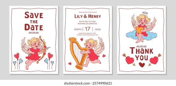 Trendy Wedding romantic invitation. Hand drawn doodle cupid with bow and arrow Background. Wedding template. Wedding posters template. including cherub, hearts, angel, cloud. Vector flat illustration.