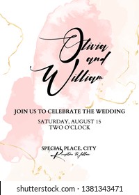 Trendy wedding watercolor blushes. Vector Chic Background with splashes and golden texture, calligraphic text. Hand-drawn tender elemetns. Grunge glitter template.