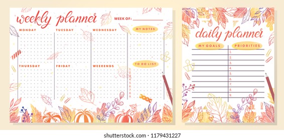 Trendy weekly and daily planner template with autumn leaves and floral elements in fall colors.Perfect templates for organizer and schedule with notes.Unique vector illustration for effective planning