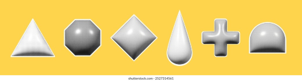 Trendy white and black 3d geometric halftone shapes. Dotted brutalists Y2k style elements set