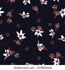 Trendy white Blossom Floral pattern in the blooming botanical Seamless vector texture For fashion prints. Printing with in hand drawn style on summer navy blue background Trendy white Blossom Floral pattern in the blooming botanical Seamless vector texture For fashion prints. Printing with in hand drawn style on summer navy blue background