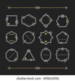 Trendy white and golden empty line white emblems set on black background