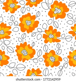 Trendy white seamless pattern with orange flowers, outline black leaves and dots. Perfect for textile, fashion clothing, prints, posters.