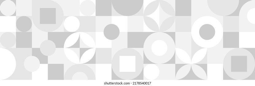Fondo geométrico abstracto del vector blanco a la moda con círculos en estilo retro escandinavo, cubierta sin fisuras. Patrón gráfico de formas simples en tonos grises, mosaico abstracto con cuadrados.