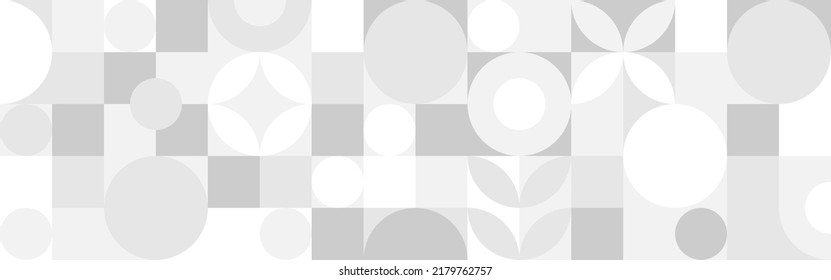 Trendy white vector abstract geometric background with circles in scandinavian retro style, seamless cover. Graphic pattern of simple shapes in gray tones, abstract mosaic with squares.