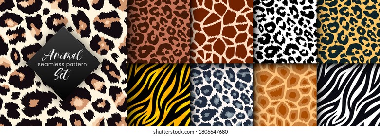 Trendy wild animal seamless pattern collection. Vector leopard, cheetah, tiger, giraffe, zebra skin texture set for fashion print design, fabric, textile, wrapping paper, background, wallpaper.