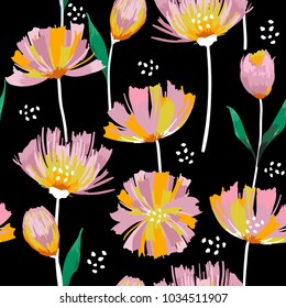 Trendy Wild blooming flower tulip  seamless pattern in a hand drawing style. Aquarelle wild flower on black background, texture, wrapper 