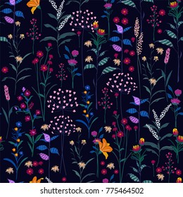 Trendy  wild Floral pattern in the many kind of flowers. Dark  botanical  Motifs scattered random. Seamless vector texture. Printing with in hand drawn style on navy blue.