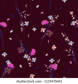 Trendy Wild flower pattern Botanical Motifs scattered random. Seamless vector texture. For fashion prints. Printing with in hand drawn style on dark maroon color background.