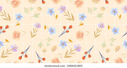 Trendy Wild Meadow florals in yellow green colors. Flower illustration fashion seamless pattern. Vector design for fabric, textile, wallpaper, cover, web , wrapping and prints. Spring summer season