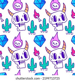 Cráneo silvestre, cactus, y patrón sin soldadura de diamante, ilustración para mercancía de fondo o de ropa. Con estilo pop moderno y retro.