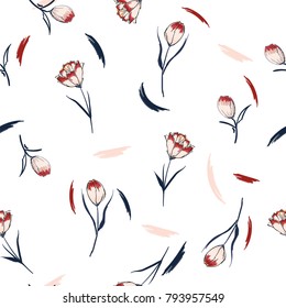 Trendy Wildflower tulip seamless pattern in a hand drawing style. . Aquarelle florals on white background, texture, wrapper pattern