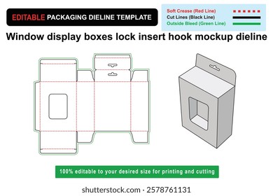 Trendy window display boxes mockup with lock insert hook for promotions, hook mockup, dieline template, packaging design, display box design, customizable box, Custom box dieline