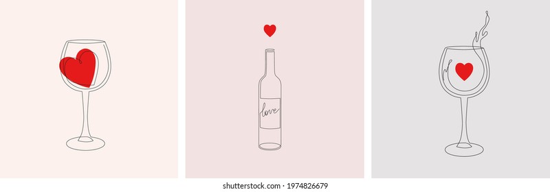 Trendy wine set, single line illustrations in minimalist style. Wine bottle and glass contour drawing with red heart symbol in vector