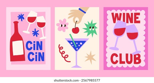 Trendy wine vector posters design set. Bright funky alcohol cocktail drinks illustrations