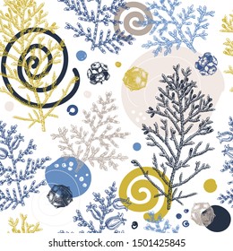 Trendy winter background. Cypress seamless pattern. Evergreen tree botanical drawings. Hand drawn conifer plant. Perfect for Christmas design, greeting cards, banner, decoration or packaging. 