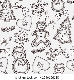 Trendy winter festive background. Vector seamless pattern with hand drawn cookies, biscuits, caramels, bows. Perfect for Christmas design, banner, greeting cards, decoration, packaging.