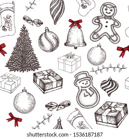Trendy winter festive background. Vector seamless pattern with hand drawn fir tree, cookies, candies, balls and gift boxes. Perfect for Christmas design, banner, greeting cards, decoration, packaging.