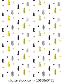 TRENDY WINTER HAND DRAW SEAMLESS VECTOR PATTERN. CHRISTMAS TREE AND SNOW FLAKE SYMBOL ON WHITE BACKGROUND