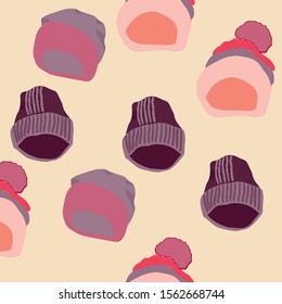 Trendy winter head wear pink knitted hats seamless pattern on beige background. Web, wrapping paper, textile, wallpaper design, background fill.