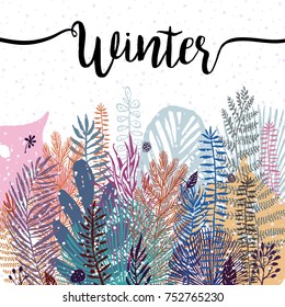 trendy winter leaves background. Vector botanical illustration, Great design element for congratulation cards, banners