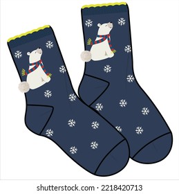 TRENDY WINTER PAIR OF SOCKS WITH SNOWFLAKES , BEAR AND POM POM BALLS IN EDITABLE VECTOR FILE