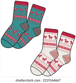 TRENDY WINTER PAIR OF SOCKS WITH SNOWFLAKES , LLAMA ANIMAL PRINT VECTOR