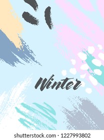 Trendy winter poster with hand drawn shapes and textures in soft pastel colors.Unique graphic design perfect for prints,flyers,banners,invitations,special offer and more.Modern vector illustration.