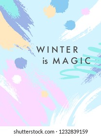 Trendy winter poster with hand drawn shapes and textures in soft pastel colors.Unique graphic design perfect for prints,flyers,banners,invitations,special offer and more.Modern vector illustration.