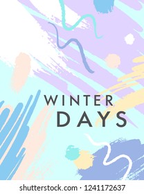 Afiche de invierno moderno con formas y texturas dibujadas a mano en suaves colores pastel.Diseño gráfico único perfecto para impresiones, volantes, banners, invitaciones, oferta especial y más.Collaje vectorial moderno.