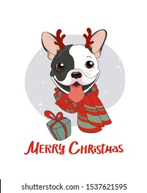 Trendy winter poster.
Merry Christmas.Сute puppy smile with deer's horns. French bulldog black and white with warm scarf. New year present.Vector illustration. Greeting card, poster, design for textil