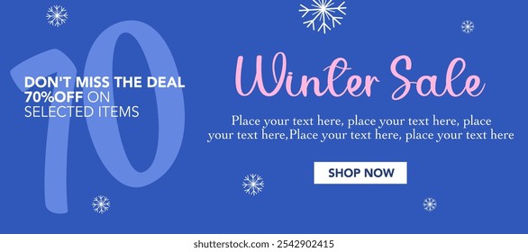 Venta de temporada de invierno de moda con oferta especial, ofreciendo descuento con nieve. Felices Navidades y Feliz Año Nuevo. Plantilla de fondo rosa, azul para publicidad, Web, redes sociales, póster, Anuncio, cubierta