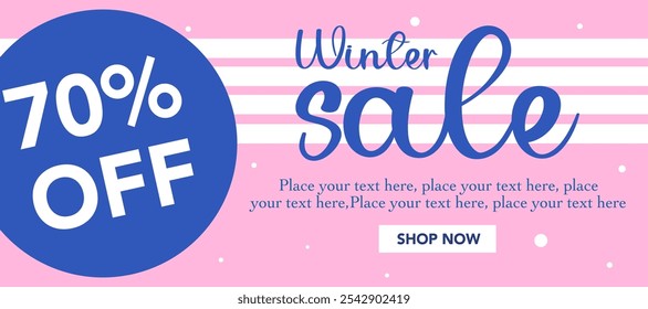 Venta de temporada de invierno de moda con oferta especial, ofreciendo descuento con nieve. Felices Navidades y Feliz Año Nuevo. Azul, rosa Plantilla de fondo para publicidad, Web, redes sociales, póster, Anuncio, cubierta