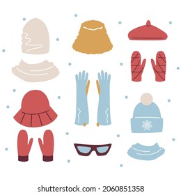 Trendy winter set of Accessories hats and mittens. Modern Winter Clothing for spring, autumn or winter. Simple vector illustration in flat style isolated on white background.