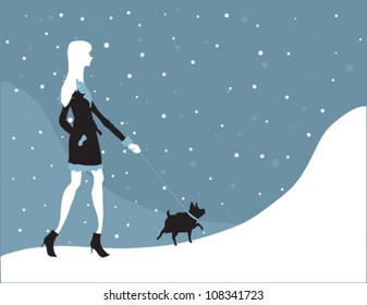 Trendy Winter Walking with Small Dog